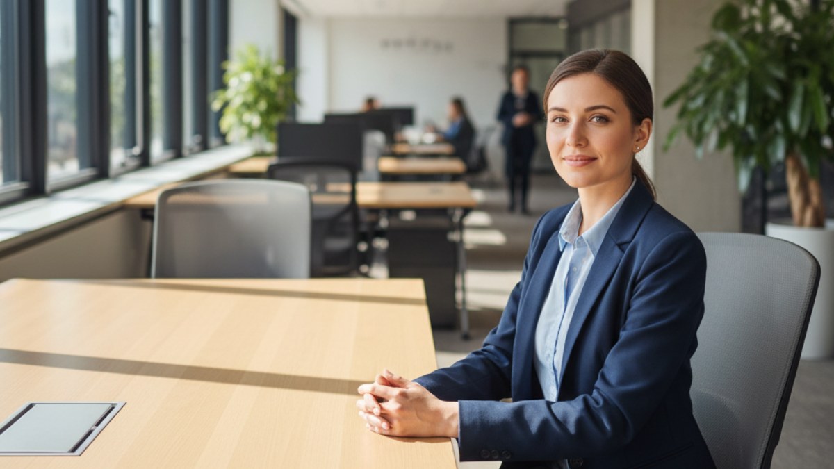 Žena sedící u stolu s rukama, vyjadřující sebedůvěru a připravenost na pohovor.