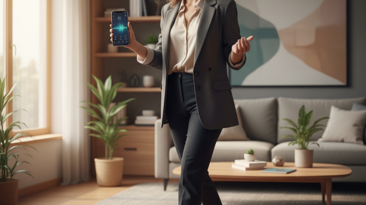 Žena trénuje mluvení s AI aplikací na telefonu.