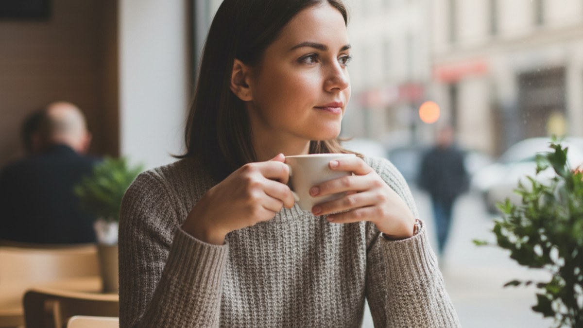 Žena s kávou, připravující se na pohovor, klidná psychologická příprava.