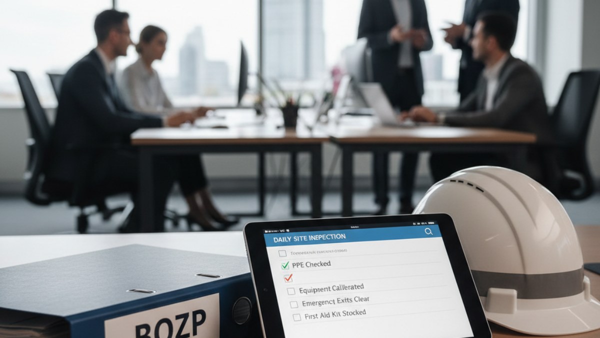 Příprava na kontrolu BOZP: složka, tablet s checklistem, helma.