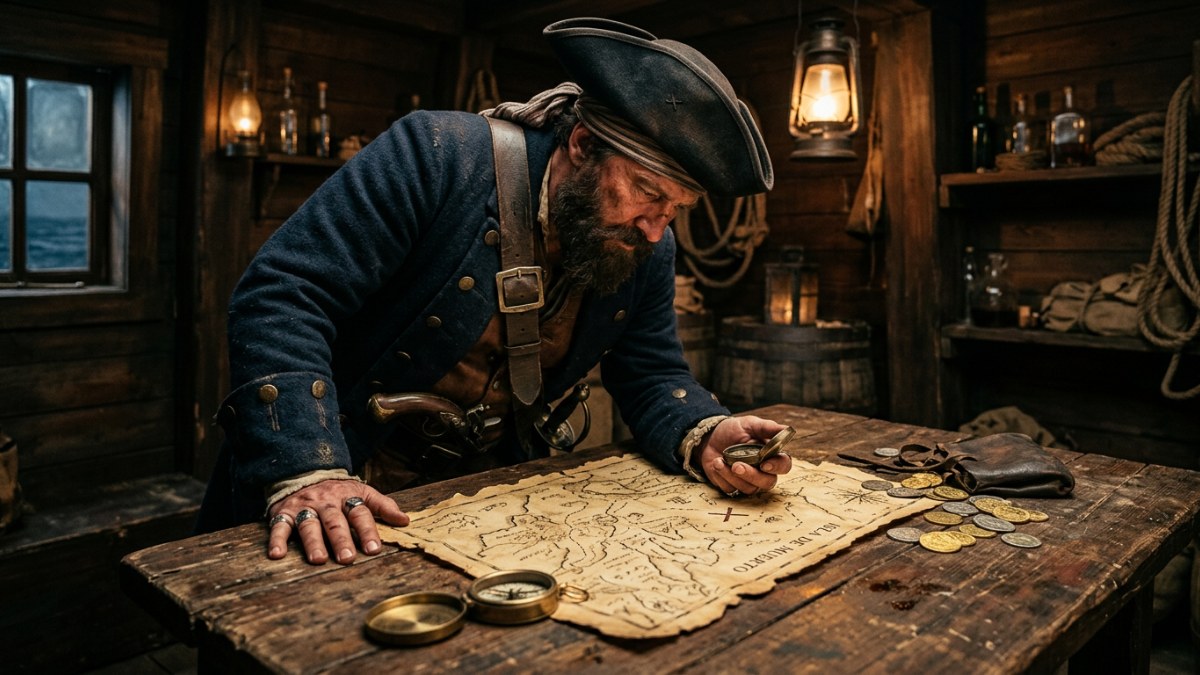 Pirátský kapitán zkoumající mapu pokladu a kompas.