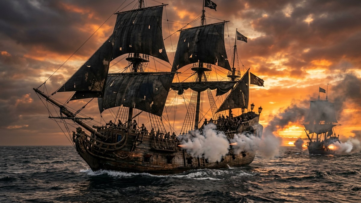 Pirátské lodě v bitvě na moři.