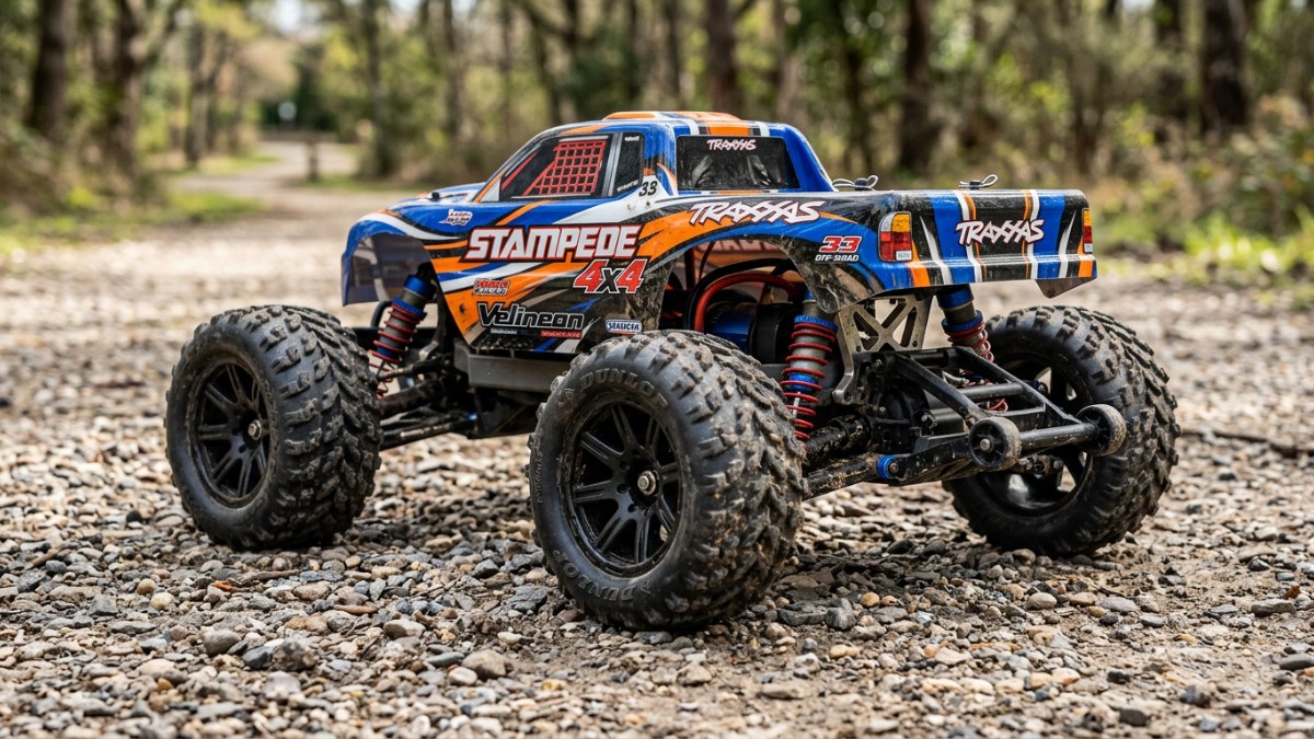 RC auto Traxxas Stampede 4x4, ter&eacute;nn&iacute; podvozek na &scaron;těrkov&eacute; cestě.