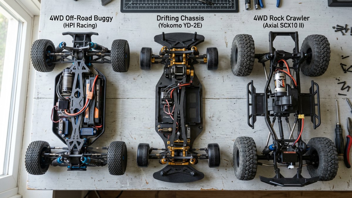 Různ&eacute; typy podvozků RC aut: buggy, drifting a crawler pro zač&aacute;tečn&iacute;ky.