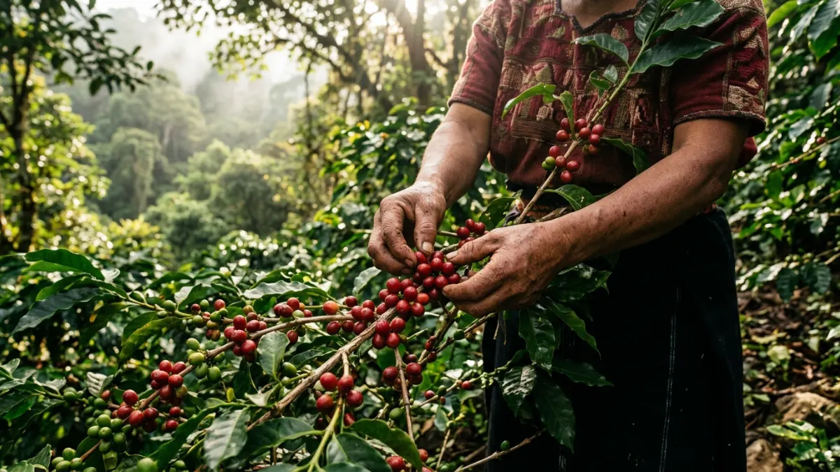 Ruční sběr zralých kávových třešní na ekologické plantáži. Káva Mexico Chiapas.