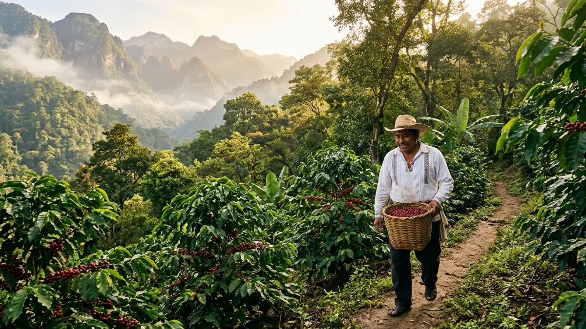 Místní farmář při ručním sběru kávových třešní na udržitelné plantáži v mexických horách.