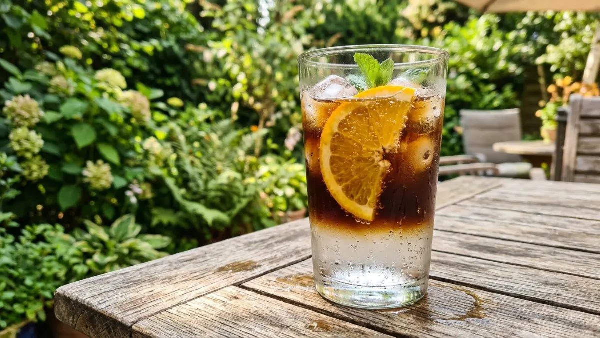 Osvěžující espresso tonic s ledem a pomerančem podávaný na letní terase v zahradě.