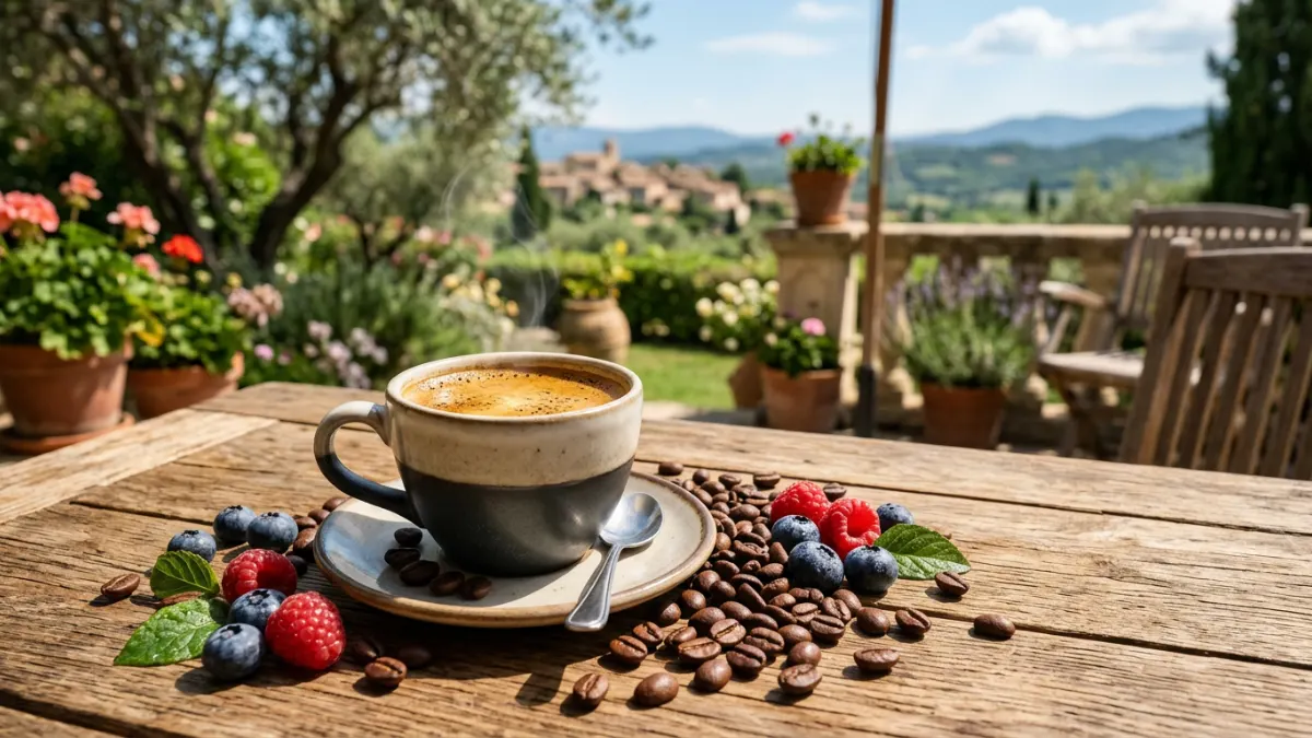 Limitovaná letní espresso směs podávaná na slunné venkovské terase.