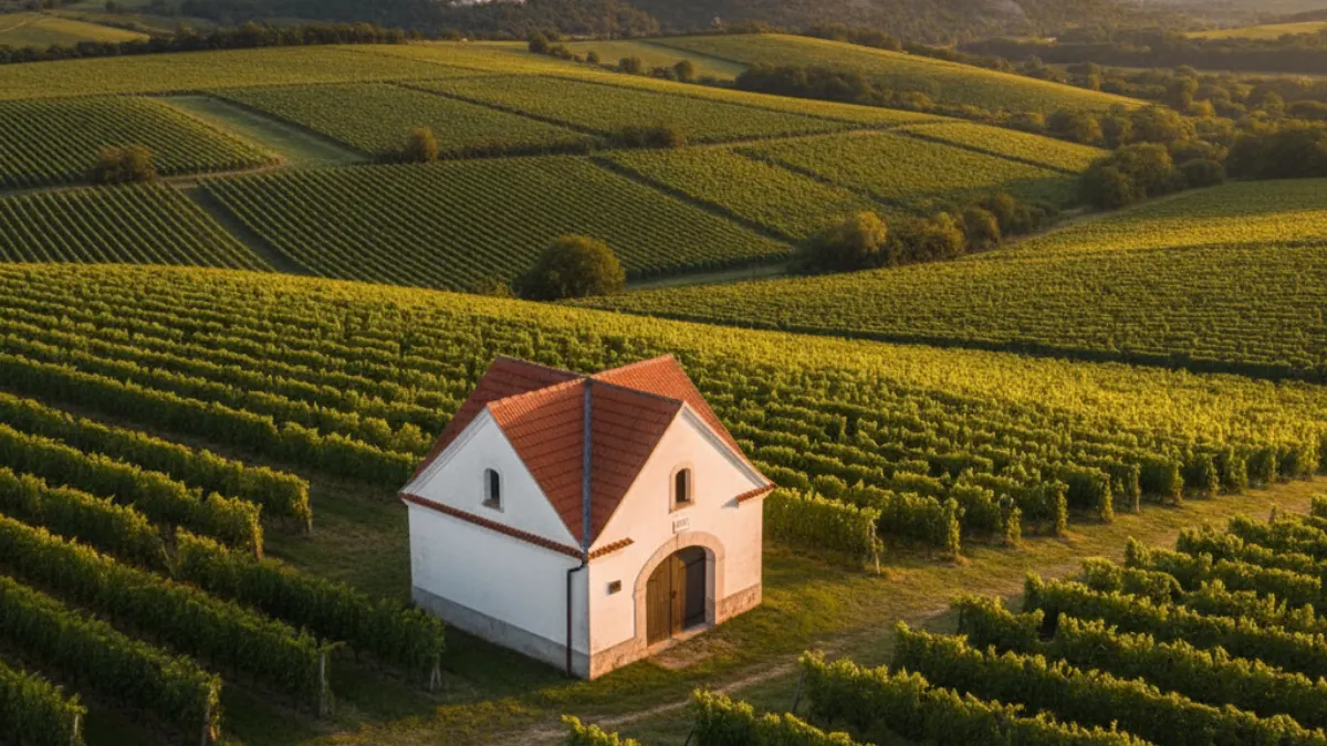 Pálavský sklípek a vinice s výhledem na dominanty jižní Moravy.