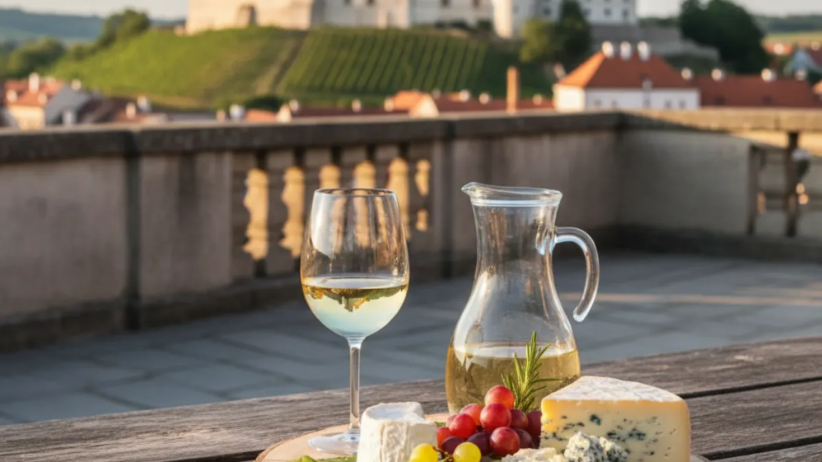 Víno a sýry na Pálavě s výhledem na zámek.