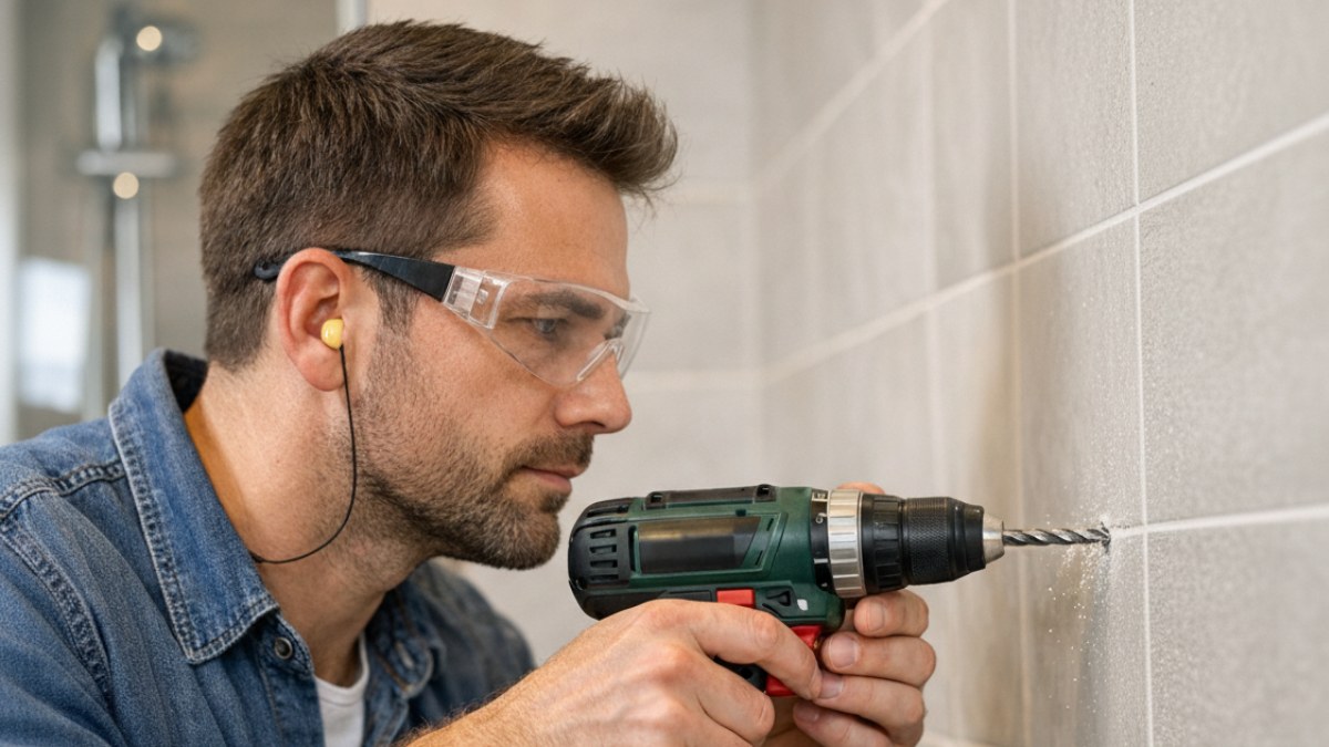 Vrtání otvoru do koupelnové dlažby pro upevnění doplňků.